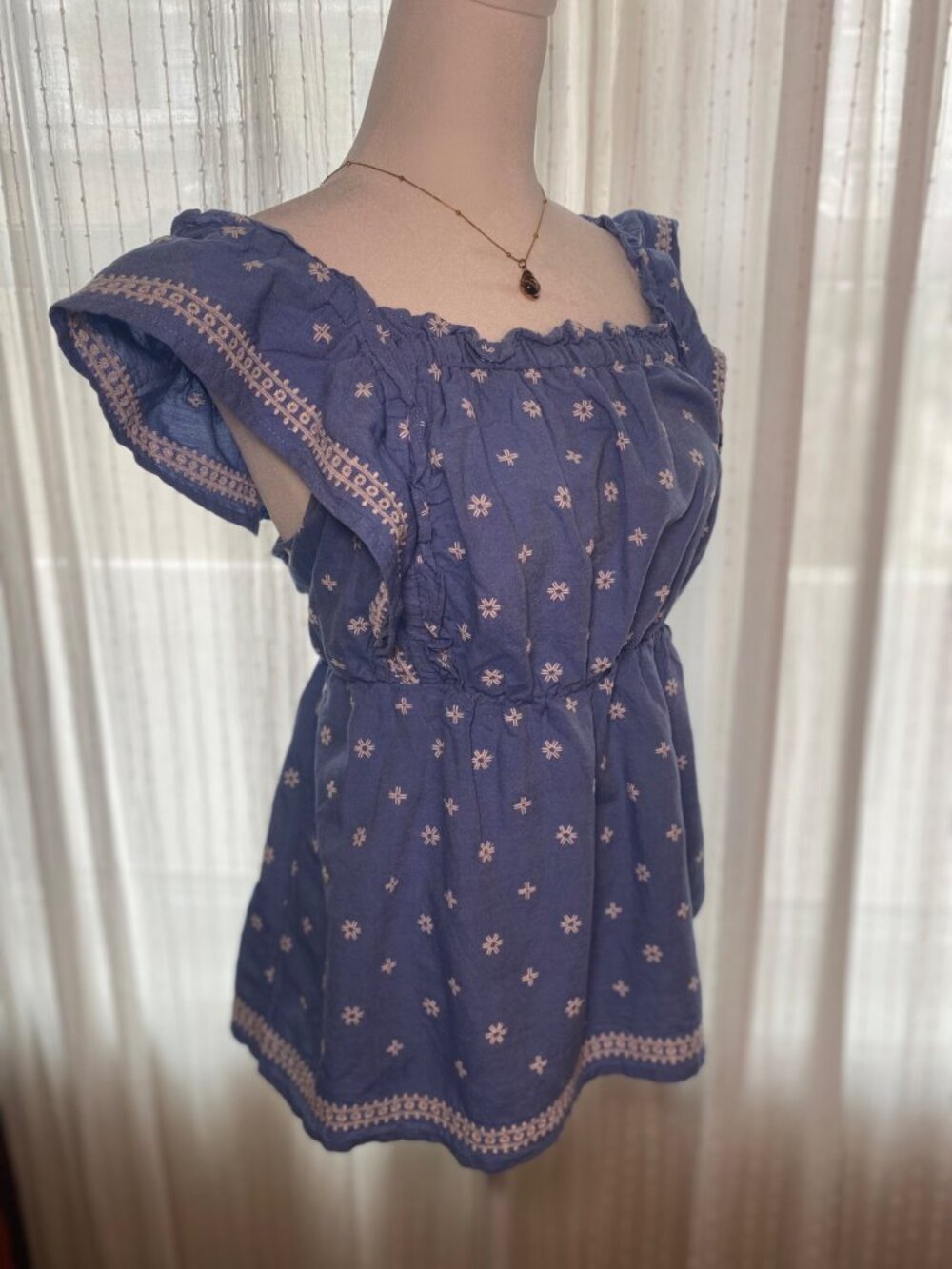 Old Navy Blue Embroidered Smocked Peasant Top L